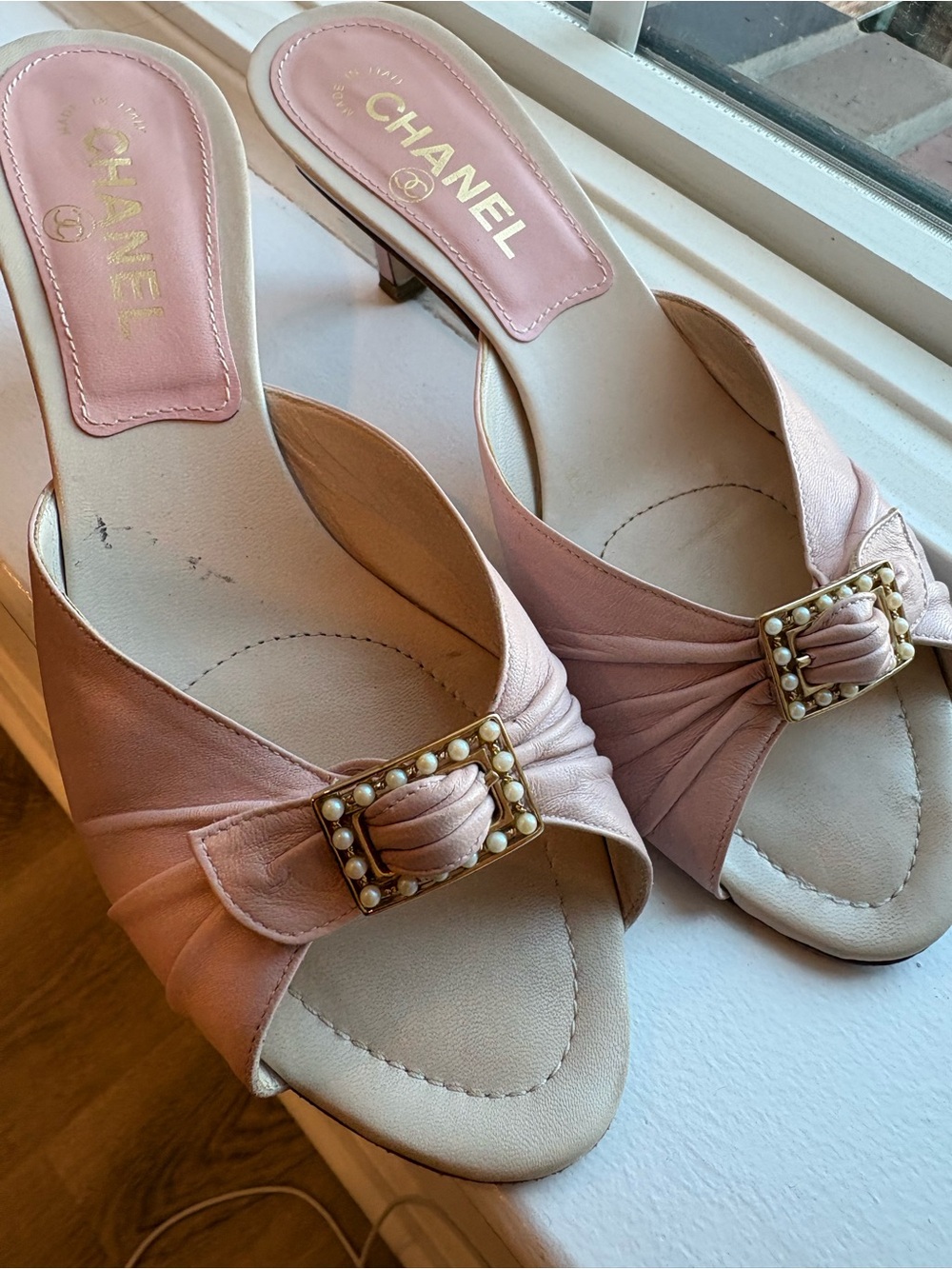 CHANEL Pink and Cream Leather Slide Mules with Gold Logo